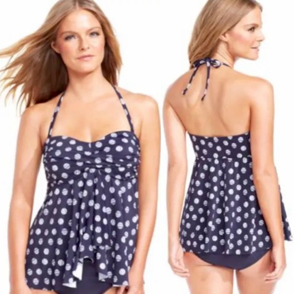 INC polka dot halter tankini top Size 8 navy/blue - Picture 2 of 12